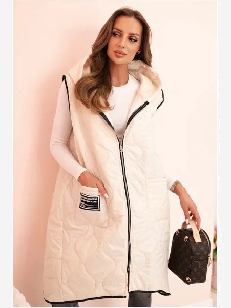 Dámska prešívaná vesta Plus Size s kapucňou na zips svetlo béžová