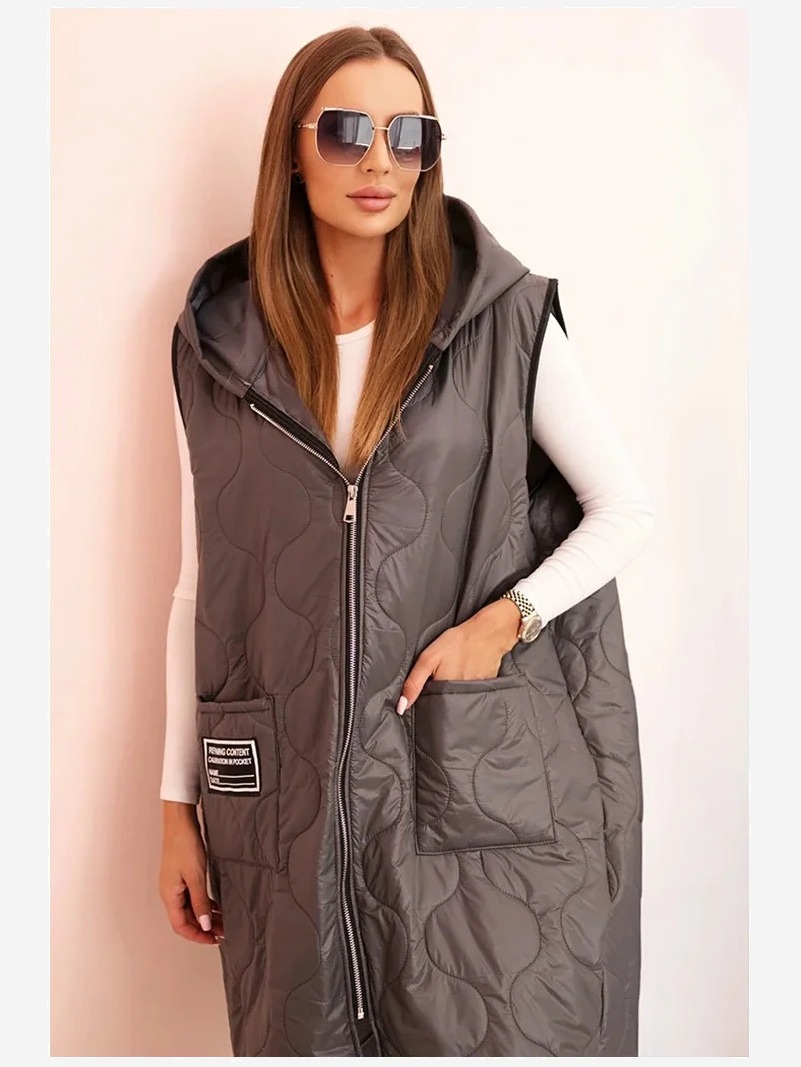 Dámska prešívaná vesta Plus Size s kapucňou na zips grafitová