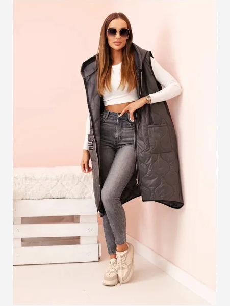 Dámska prešívaná vesta Plus Size s kapucňou na zips grafitová