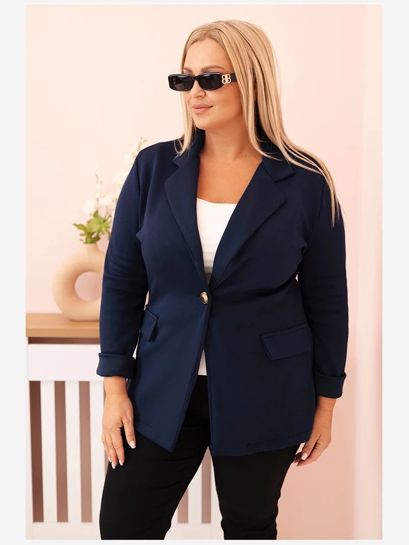 Sako z viskózy Plus Size s dlhým rukávom a golierom modrá