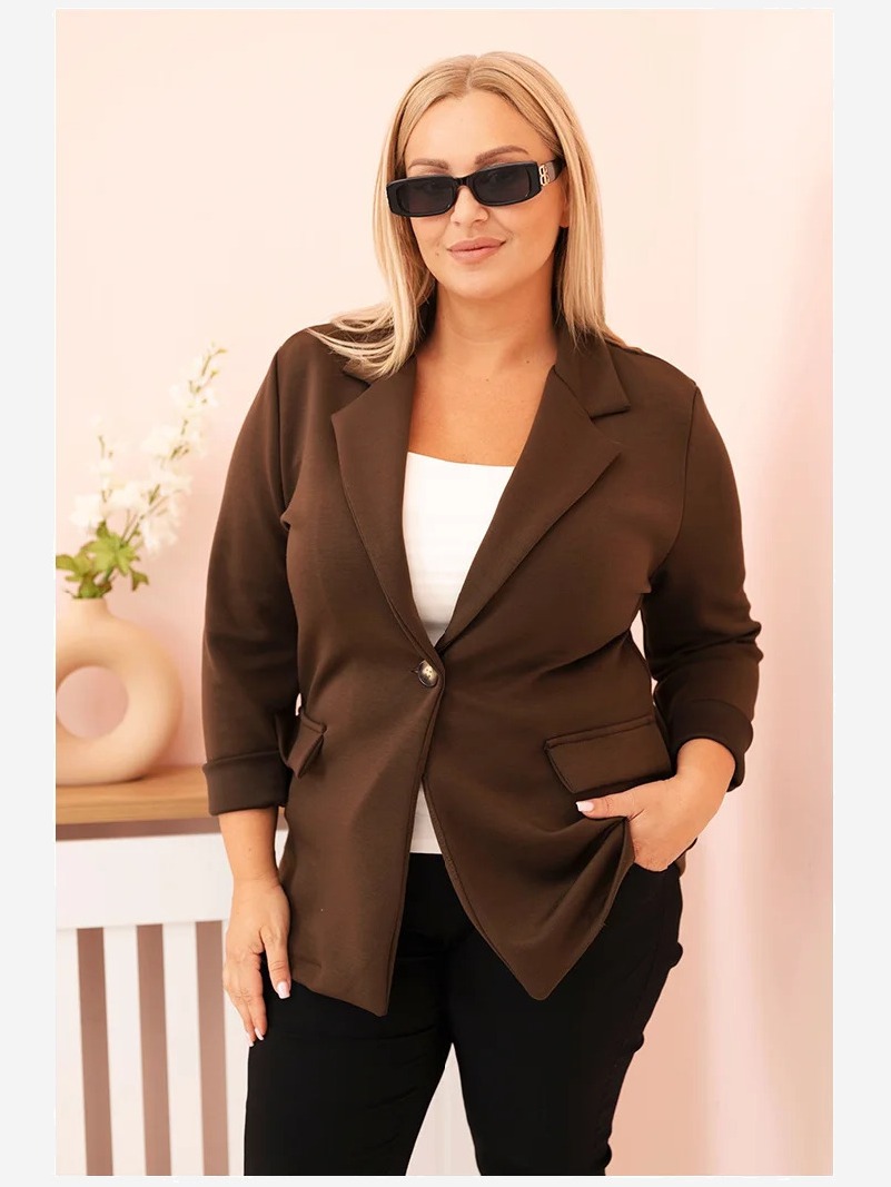 Sako z viskózy Plus Size s dlhým rukávom a golierom hnedá
