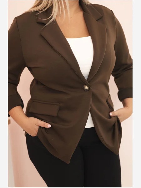 Sako z viskózy Plus Size s dlhým rukávom a golierom hnedá