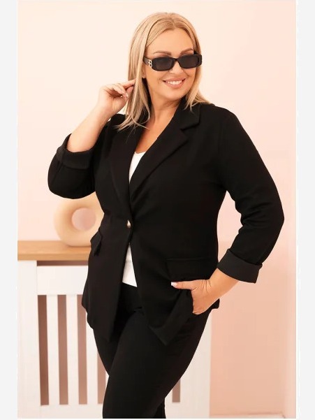 Sako z viskózy Plus Size s dlhým rukávom a golierom čierna