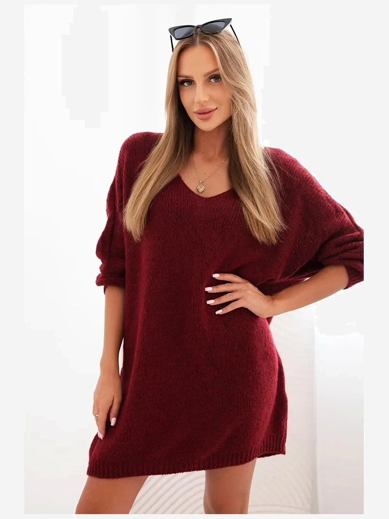 Šaty Plus Size vlněná s výstrihom do V bordová
