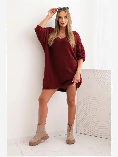 Šaty Plus Size vlněná s výstrihom do V bordová