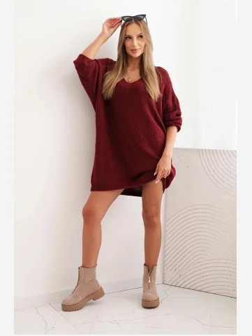 Šaty Plus Size vlněná s výstrihom do V bordová