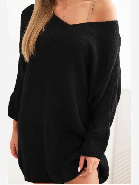 Šaty Plus Size vlněná s výstrihom do V čierna