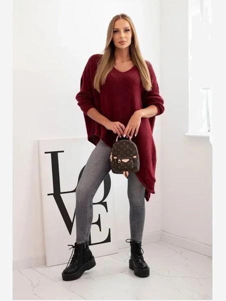 Dámsky asymetrický sveter z vlny Plus Size s V výstrihom bordový