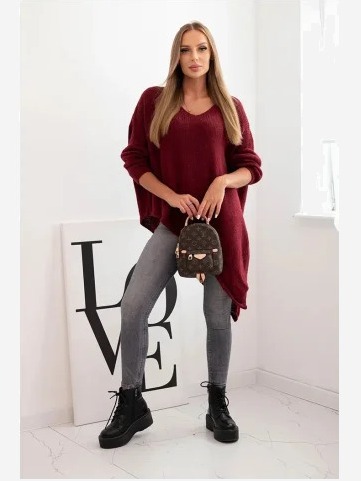 Dámsky asymetrický sveter z vlny Plus Size s V výstrihom bordový