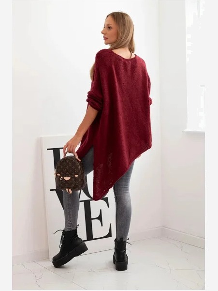 Dámsky asymetrický sveter z vlny Plus Size s V výstrihom bordový