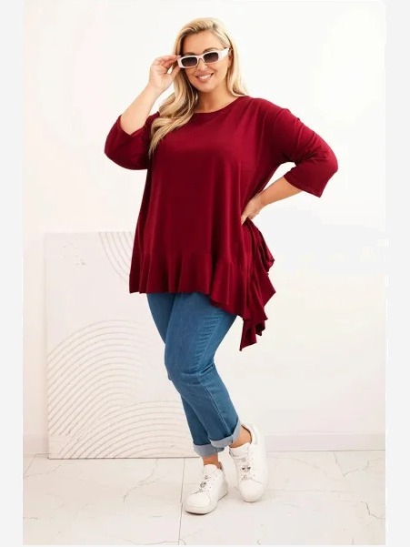 Dámska blúzka Plus Size s bavlnou, volánom a vyhrnutým rukávom bordová