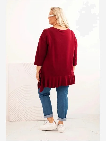 Dámska blúzka Plus Size s bavlnou, volánom a vyhrnutým rukávom bordová