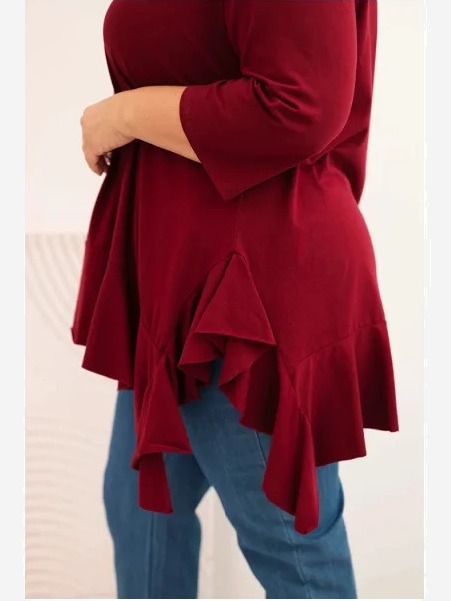 Dámska blúzka Plus Size s bavlnou, volánom a vyhrnutým rukávom bordová