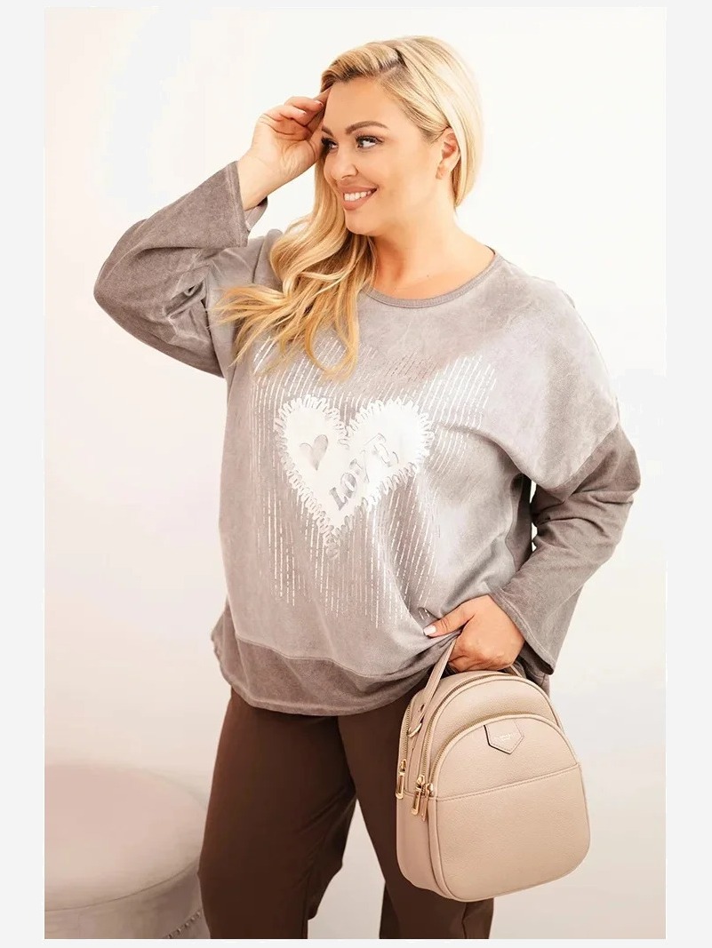 Dámska mikina Plus Size bavlnená s potlačou srdca a šnúrkami hnedá