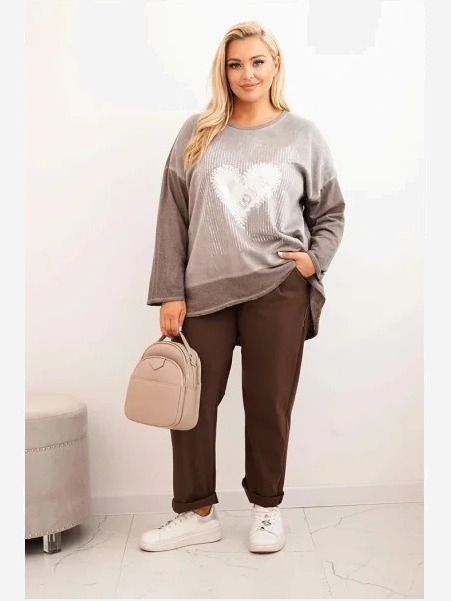 Dámska mikina Plus Size bavlnená s potlačou srdca a šnúrkami hnedá