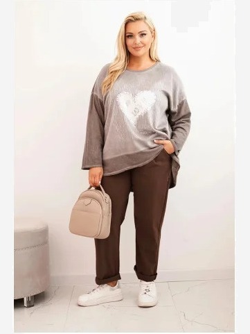 Dámska mikina Plus Size bavlnená s potlačou srdca a šnúrkami hnedá