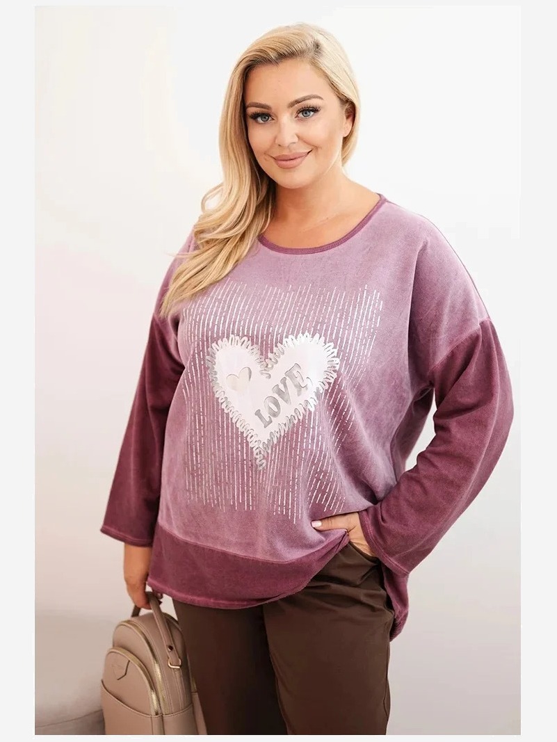 Dámska mikina Plus Size bavlnená s potlačou srdca a šnúrkami tmavo ružová