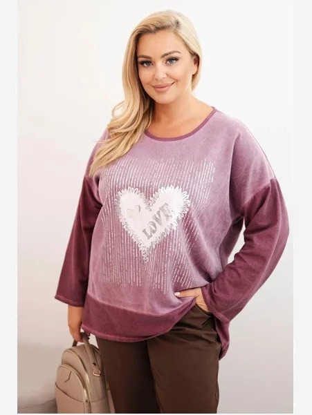 Dámska mikina Plus Size bavlnená s potlačou srdca a šnúrkami tmavo ružová