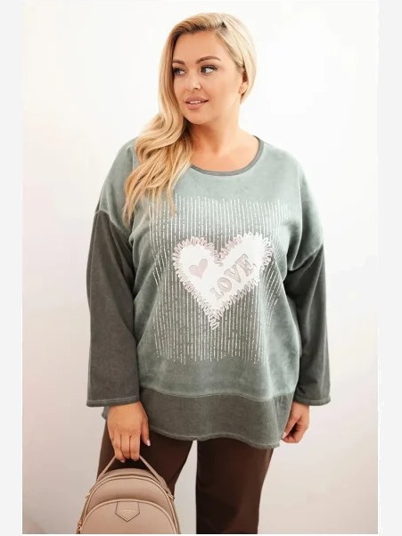 Dámska mikina Plus Size bavlnená s potlačou srdca a šnúrkami khaki
