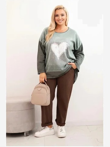 Dámska mikina Plus Size bavlnená s potlačou srdca a šnúrkami khaki