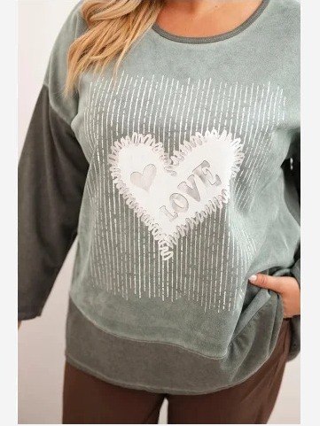 Dámska mikina Plus Size bavlnená s potlačou srdca a šnúrkami khaki