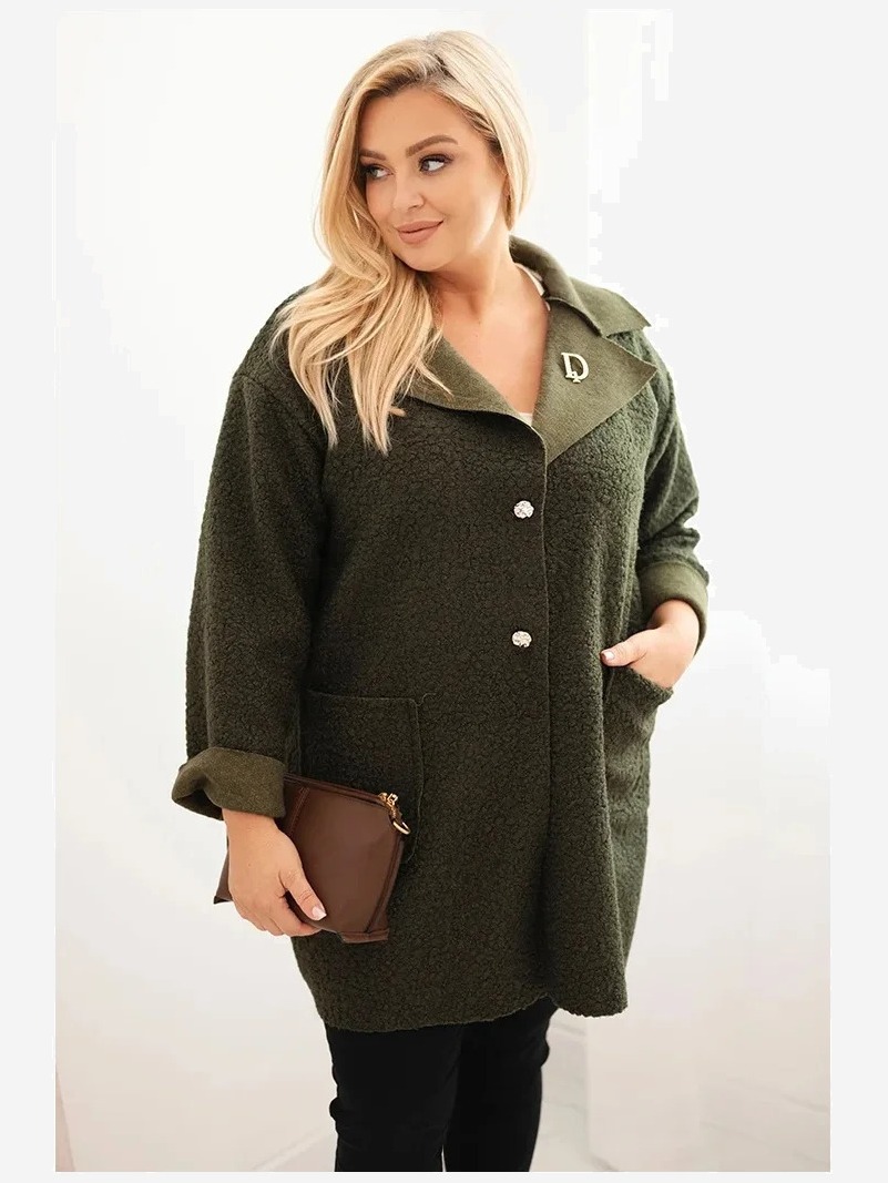 Dámsky kabát Plus Size baranok s vlnou a vreckami khaki