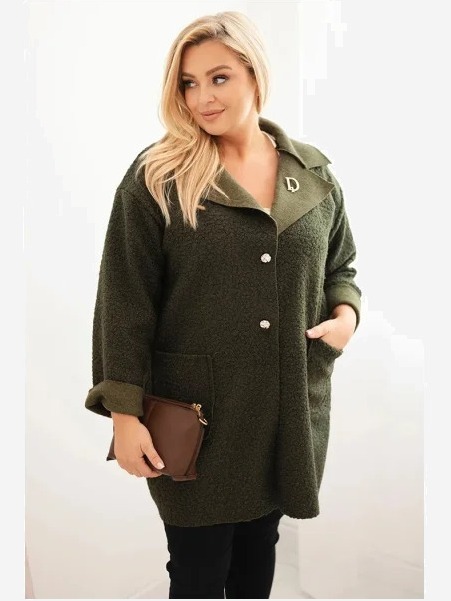 Dámsky kabát Plus Size baranok s vlnou a vreckami khaki