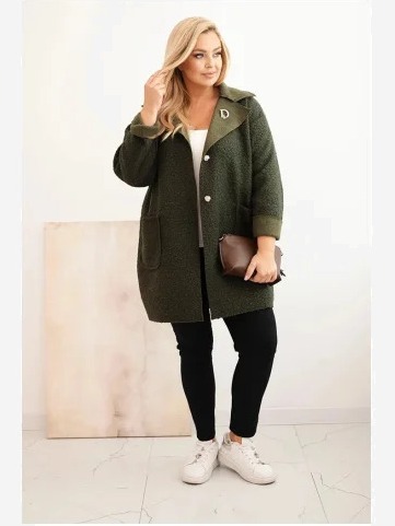 Dámsky kabát Plus Size baranok s vlnou a vreckami khaki