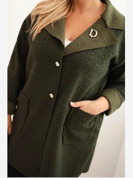 Dámsky kabát Plus Size baranok s vlnou a vreckami khaki