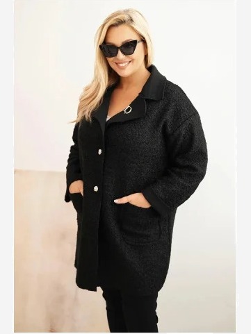Dámsky kabát Plus Size baranok s vlnou a vreckami čierny