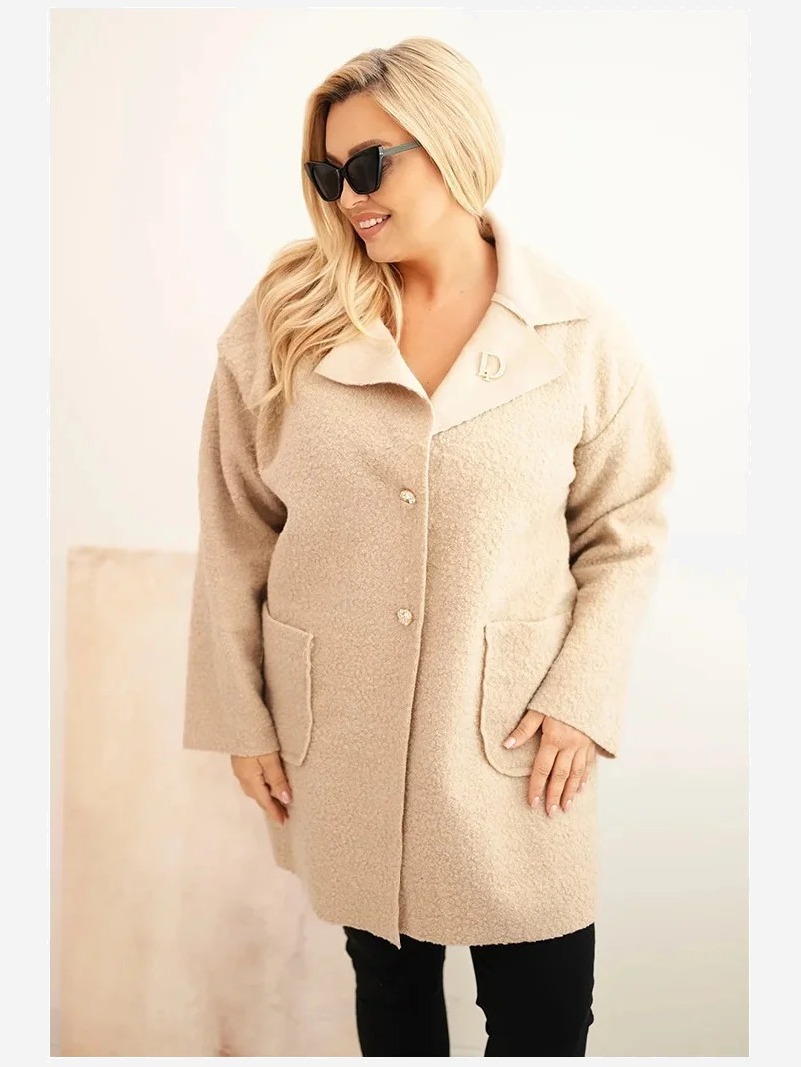 Dámsky kabát Plus Size baranok s vlnou a vreckami béžový