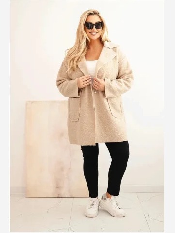 Dámsky kabát Plus Size baranok s vlnou a vreckami béžový