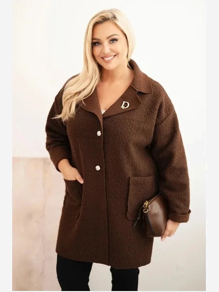Dámsky kabát Plus Size baran s vlnou a vreckami hnedý