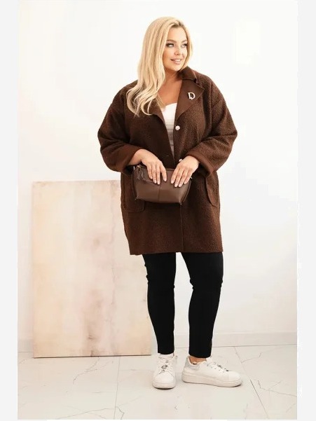 Dámsky kabát Plus Size baran s vlnou a vreckami hnedý