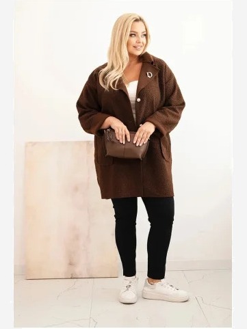 Dámsky kabát Plus Size baran s vlnou a vreckami hnedý