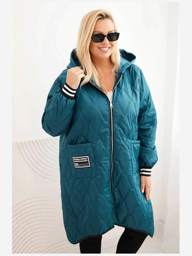 Dámska bunda Plus Size prešívaná s kapucňou a športovými manžetami morská