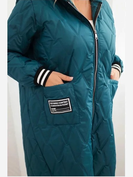 Dámska bunda Plus Size prešívaná s kapucňou a športovými manžetami morská