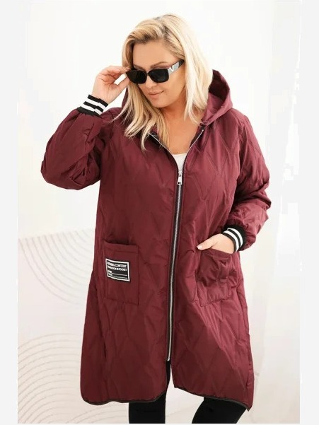 Dámska bunda Plus Size prešívaná s kapucňou a športovými manžetami slivková