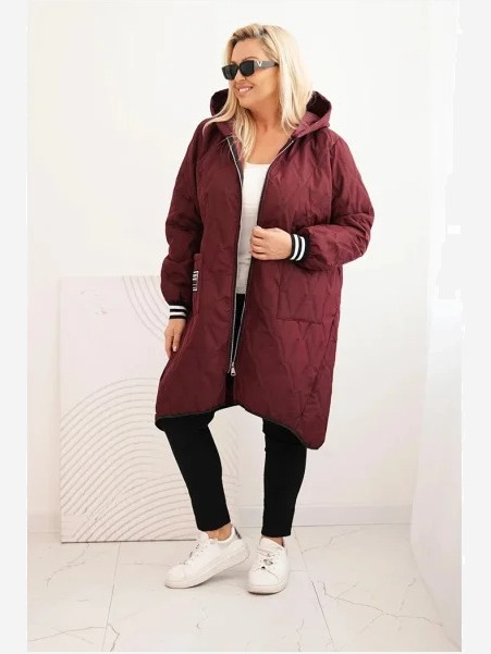 Dámska bunda Plus Size prešívaná s kapucňou a športovými manžetami slivková