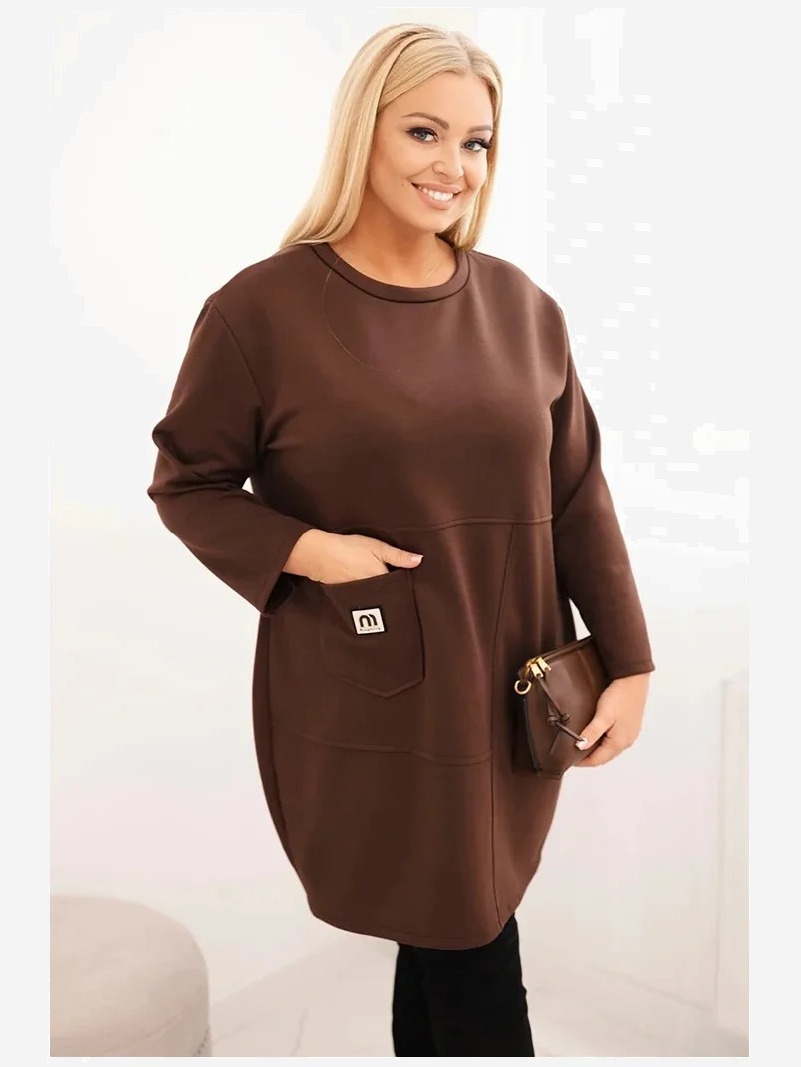 Šaty Plus Size s vreckom a 3/4 rukávom maslová hnedá