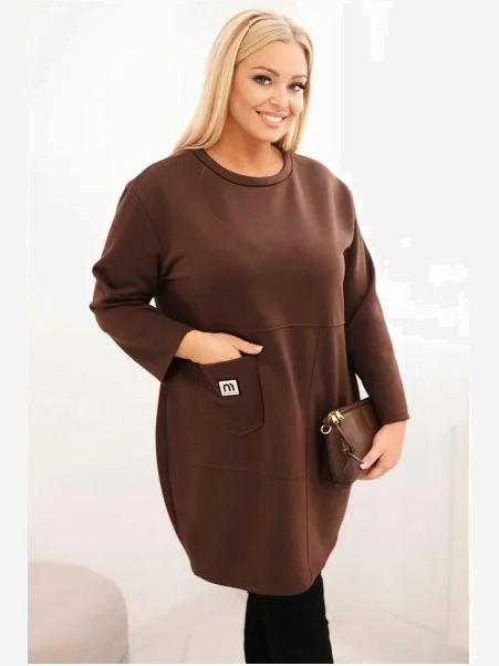 Šaty Plus Size s vreckom a 3/4 rukávom maslová hnedá