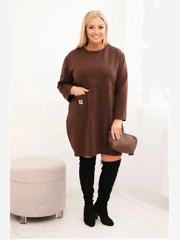 Šaty Plus Size s vreckom a 3/4 rukávom maslová hnedá
