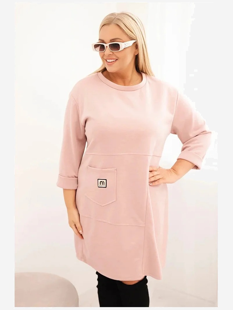 Šaty Plus Size maslo s vreckom a rukávom 3/4 pudrová ružová