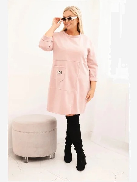 Šaty Plus Size maslo s vreckom a rukávom 3/4 pudrová ružová