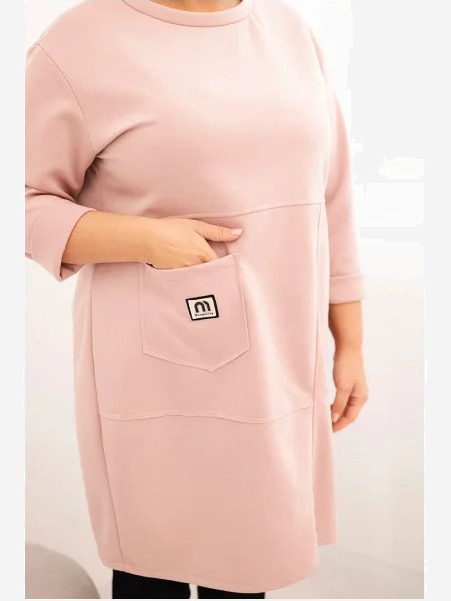 Šaty Plus Size maslo s vreckom a rukávom 3/4 pudrová ružová