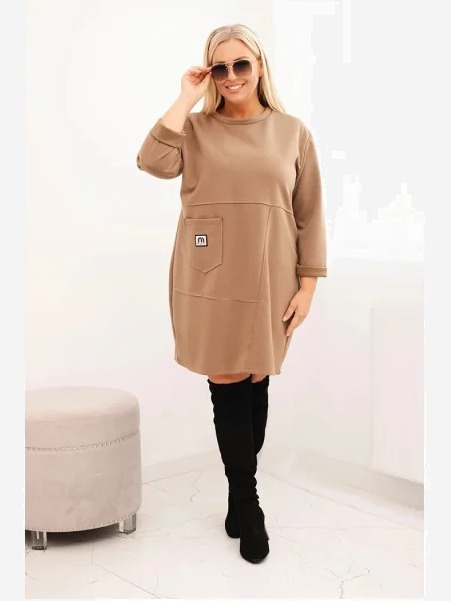 Dámska sukňa Plus Size s vreckom a 3/4 rukávom maslová camelová