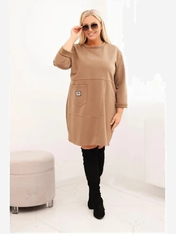 Dámska sukňa Plus Size s vreckom a 3/4 rukávom maslová camelová