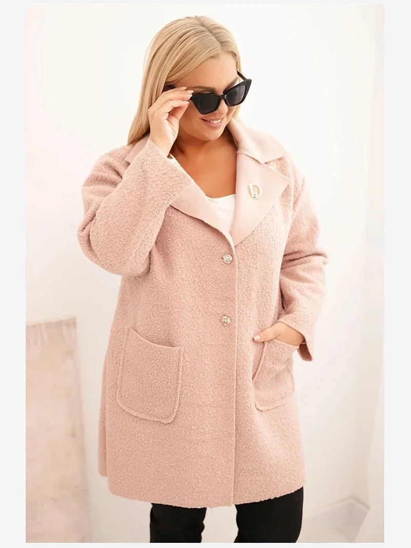 Dámsky kabát Plus Size baranček s vlnou a vreckami pudrová ružová