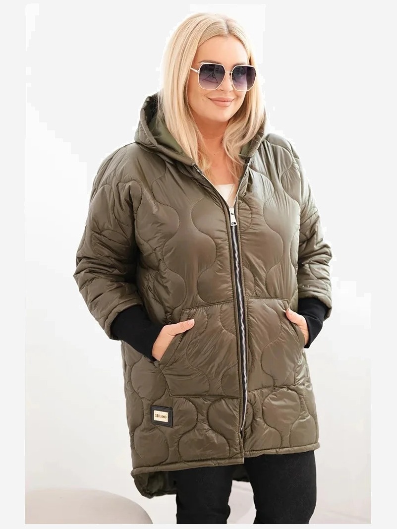 Dámska bunda Plus Size prešívaná s kapucňou khaki