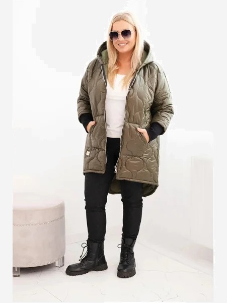 Dámska bunda Plus Size prešívaná s kapucňou khaki